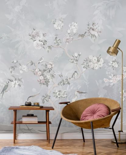 lysegrå chinoiserie fugl og blomster tapet