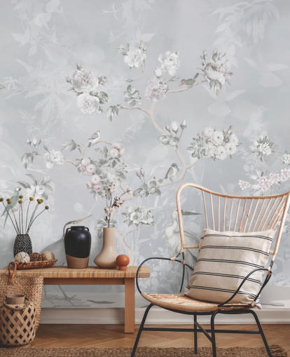 papier peint oiseaux et fleurs chinoiserie gris clair