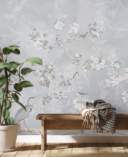 light grey chinoiserie bird and floral wallpaper