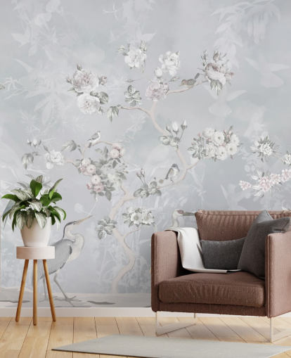 papel pintado chinoiserie pájaro y flores gris claro papel pintado chinoiserie pájaro y flores gris claro