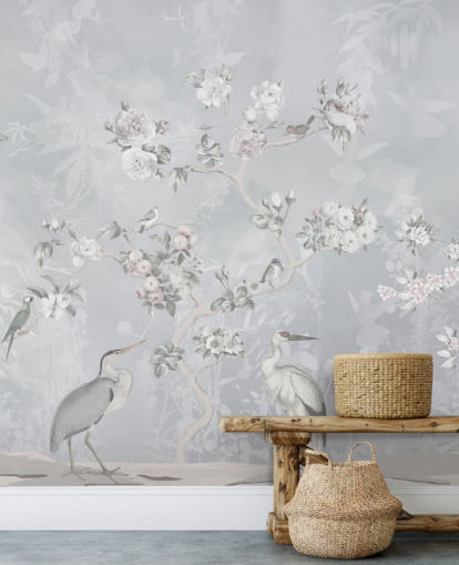 light grey chinoiserie bird and floral wallpaper