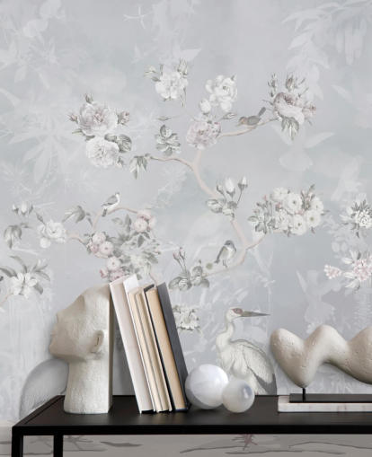 lysegrå chinoiserie fugl og blomster tapet