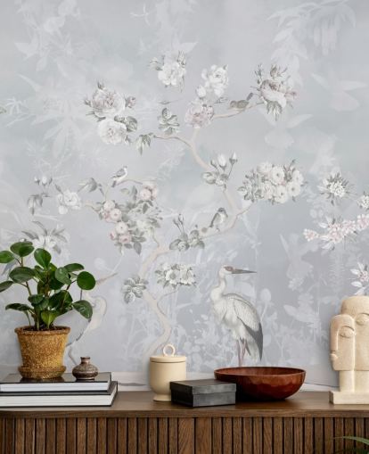 carta da parati grigio chiaro con uccelli chinoiserie e fiori carta da parati grigio chiaro con uccelli chinoiserie e fiori