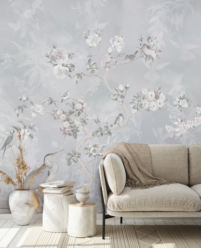 ljusgrå chinoiserie fågel och blommig tapet