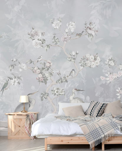 vaaleanharmaa chinoiserie lintu ja kukkatapetit vaaleanharmaa chinoiserie lintu ja kukkatapetit