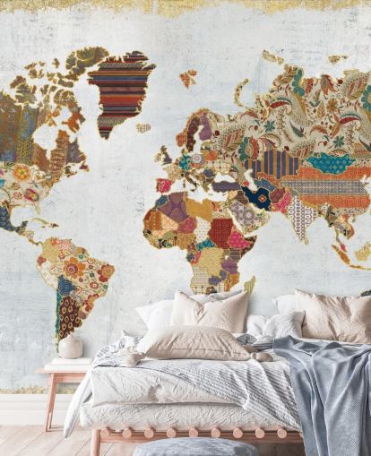 patterned and colourful world map wallpaper