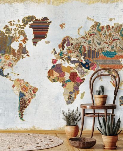 papier peint carte du monde à motifs et coloré