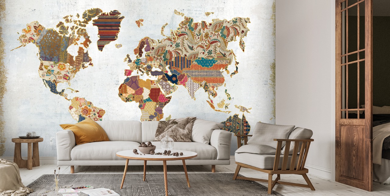 Pattern World Map Wallpaper Mural | Wallsauce UK