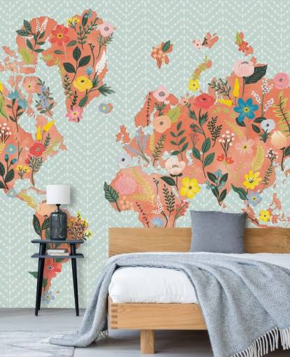 papel pintado floral mapa del mundo naranja