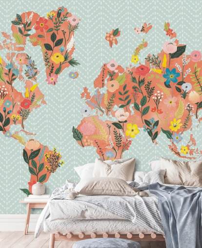 papel pintado floral mapa del mundo naranja