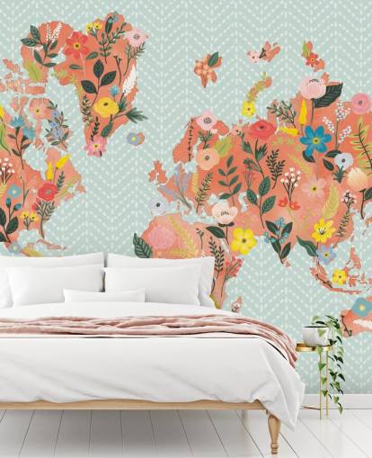 floral orange world map wallpaper