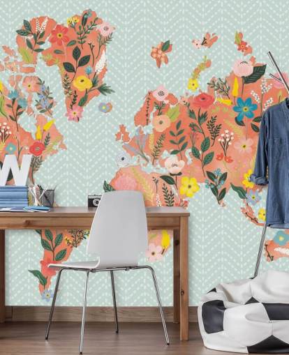 papel pintado floral mapa del mundo naranja papel pintado floral mapa del mundo naranja