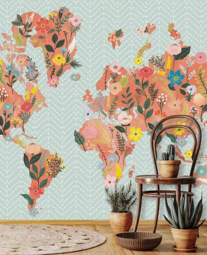floral orange world map wallpaper