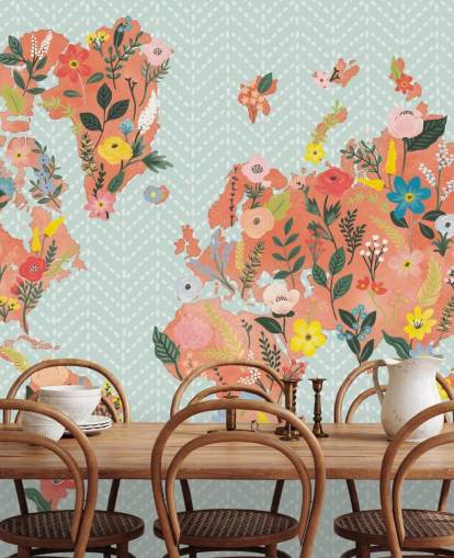 papel pintado floral mapa del mundo naranja papel pintado floral mapa del mundo naranja