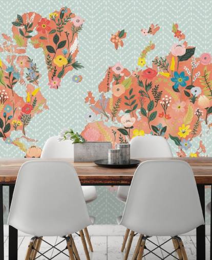 floral orange world map wallpaper