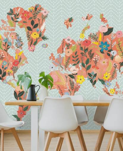 papier peint carte du monde orange floral