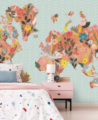 papel de parede floral laranja mapa do mundo