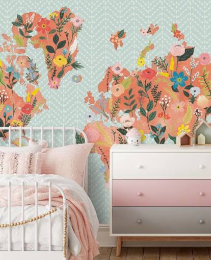papel pintado floral mapa del mundo naranja