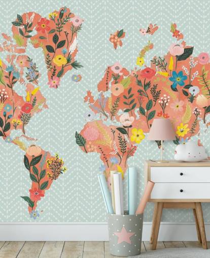 papier peint carte du monde orange floral