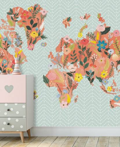 papel pintado floral mapa del mundo naranja papel pintado floral mapa del mundo naranja