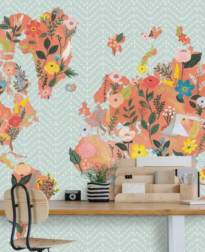 floral orange world map wallpaper