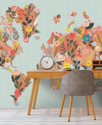papel de parede floral laranja mapa do mundo