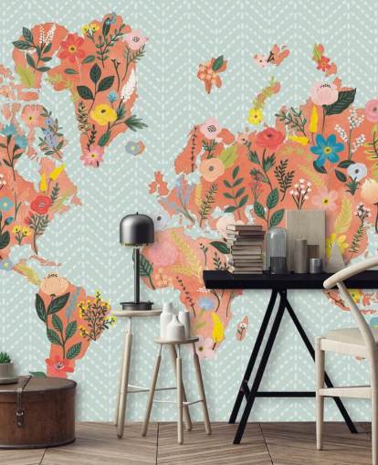 papel de parede floral laranja mapa do mundo