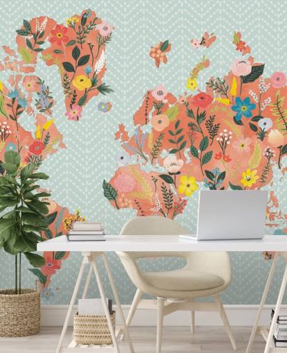 floral orange world map wallpaper