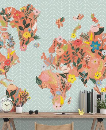 floral orange world map wallpaper