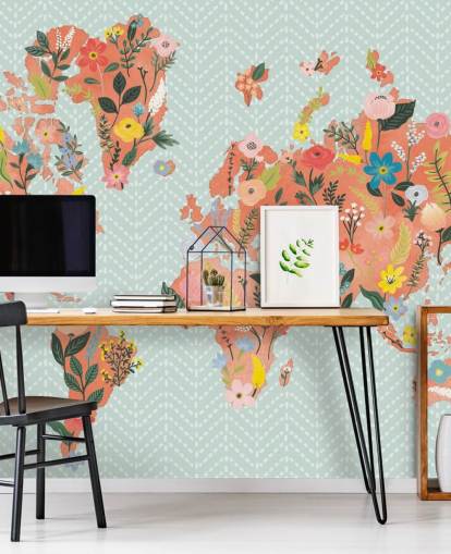 floral orange world map wallpaper