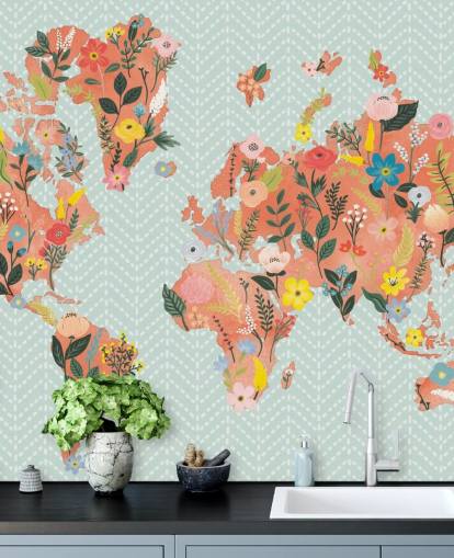 papel de parede floral laranja mapa do mundo papel de parede floral laranja mapa do mundo