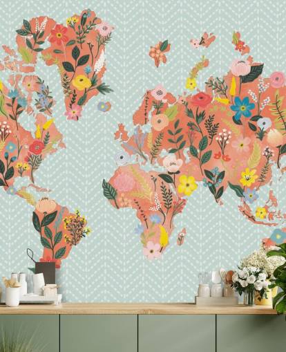 floral orange world map wallpaper