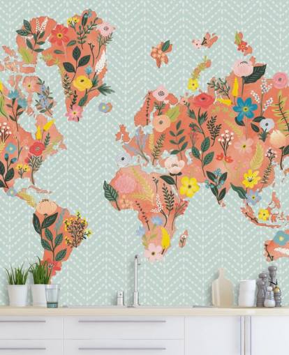 floral orange world map wallpaper