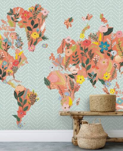 floral orange world map wallpaper