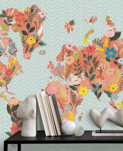 papel de parede floral laranja mapa do mundo