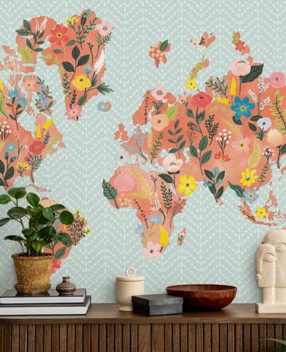 papel de parede floral laranja mapa do mundo