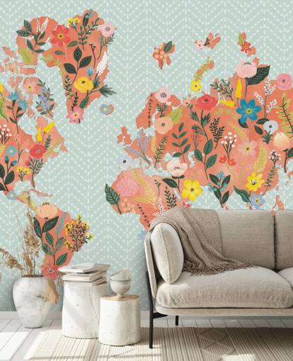 floral orange world map wallpaper