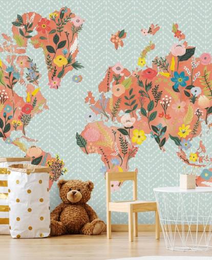 papel pintado floral mapa del mundo naranja