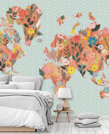 papel pintado floral mapa del mundo naranja