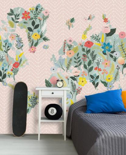 light pink floral world map wallpaper