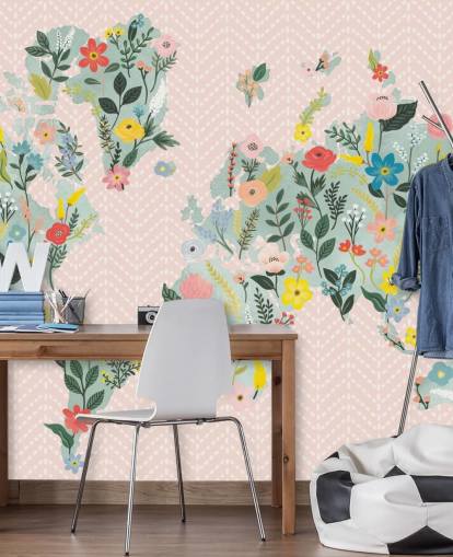 lichtroze bloemenbehang met wereldkaart