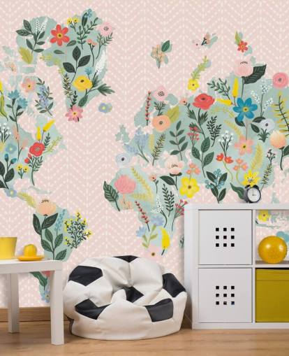 lichtroze bloemenbehang met wereldkaart