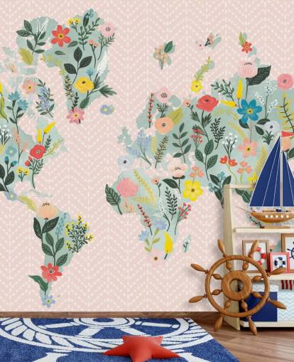 light pink floral world map wallpaper