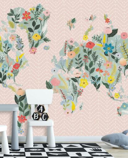 fond d'écran de carte du monde florale rose clair