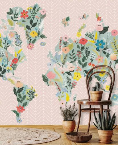 fondo de pantalla de mapa mundial floral rosa claro