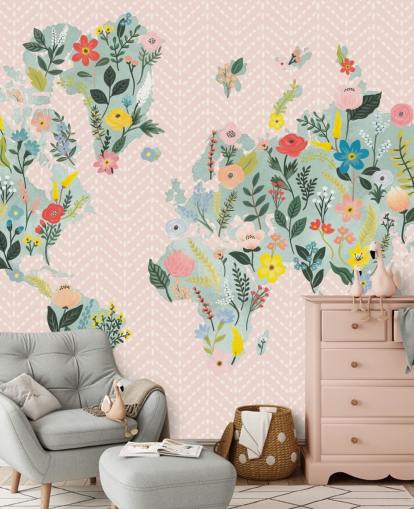 fond d'écran de carte du monde florale rose clair