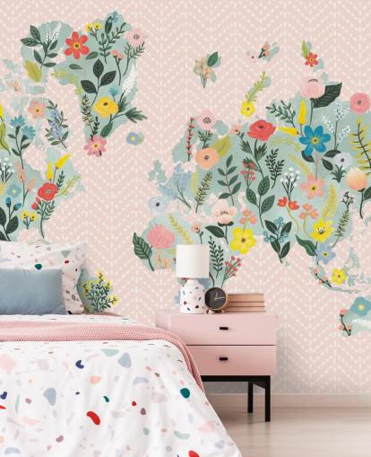 papel de parede floral rosa claro do mapa mundial