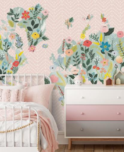 light pink floral world map wallpaper