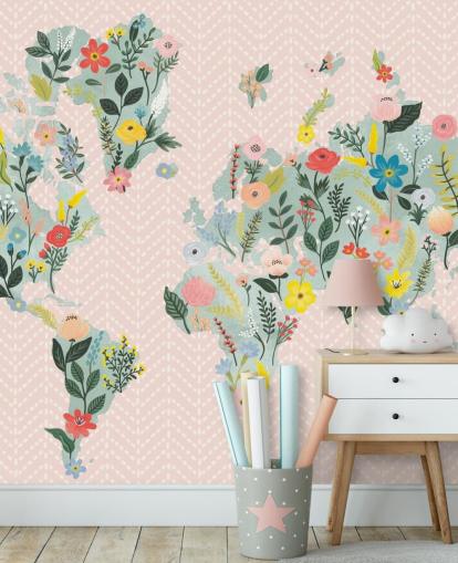 fondo de pantalla de mapa mundial floral rosa claro