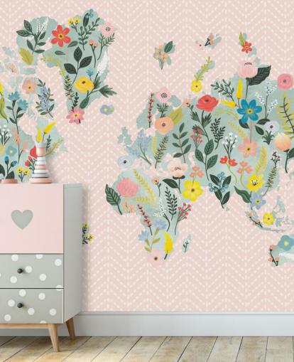 light pink floral world map wallpaper